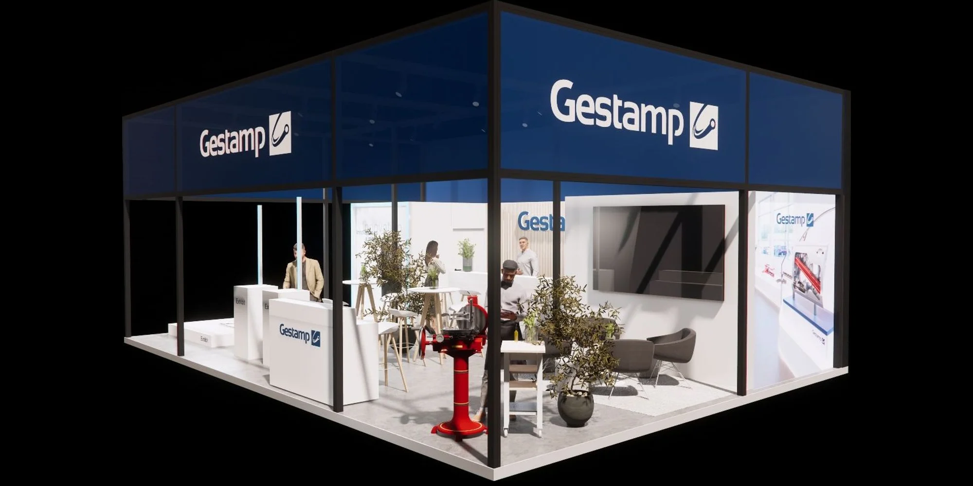 Rendering des Gestamp-Messestands – Eckansicht