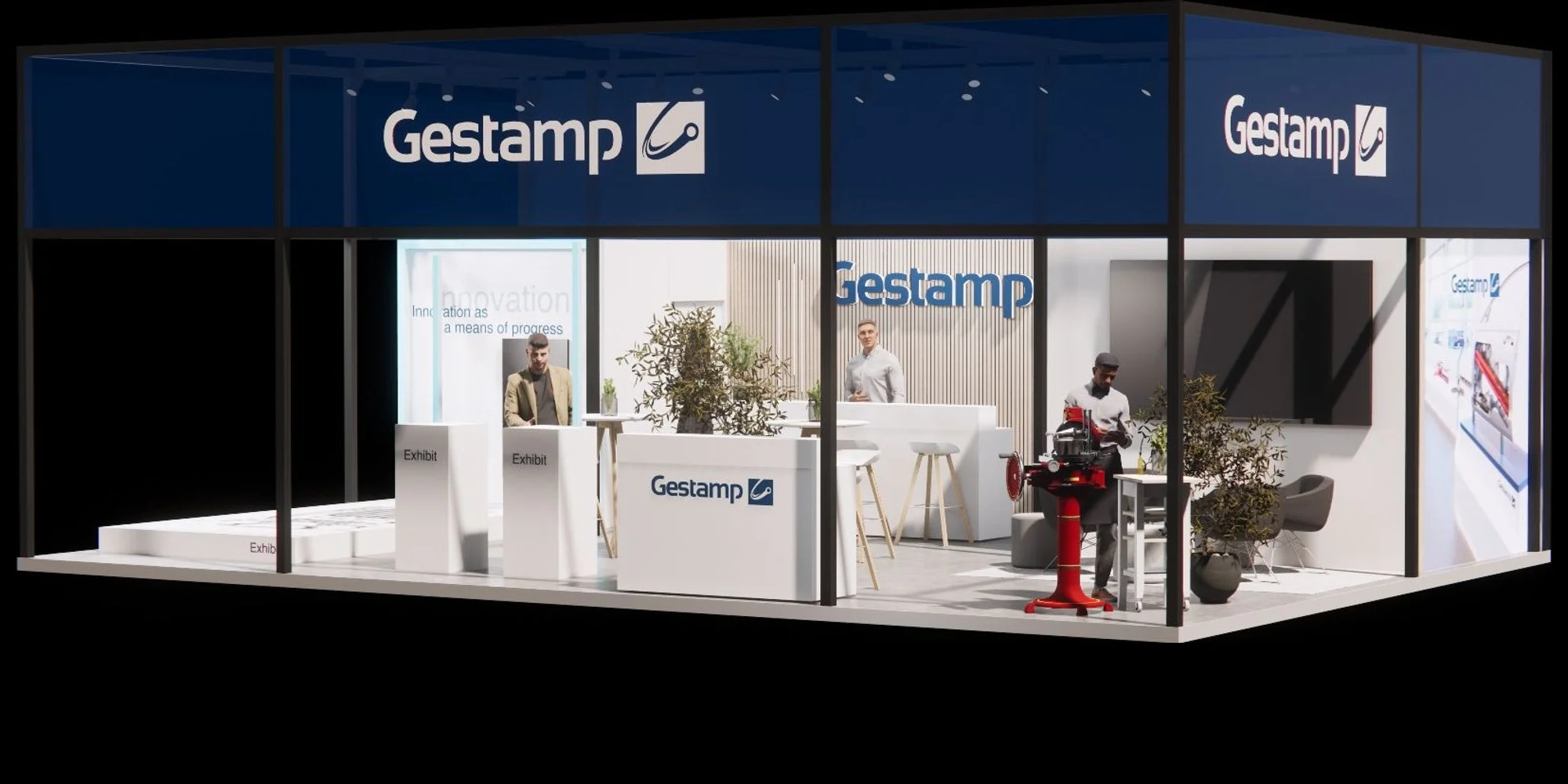 Rendering des Gestamp-Messestands – Gesamtansicht